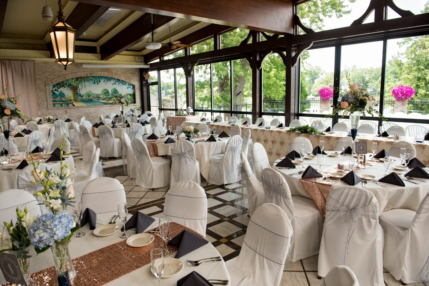 Elegant wedding reception set up at Golden Mast on Okauchee Lake