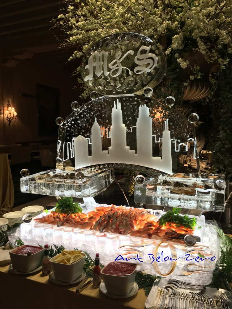 Cape Cod seafood display with Chicago skyline