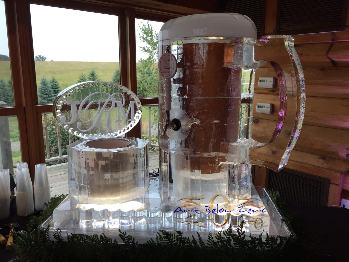 Root Beer Float ice sculpture display with container