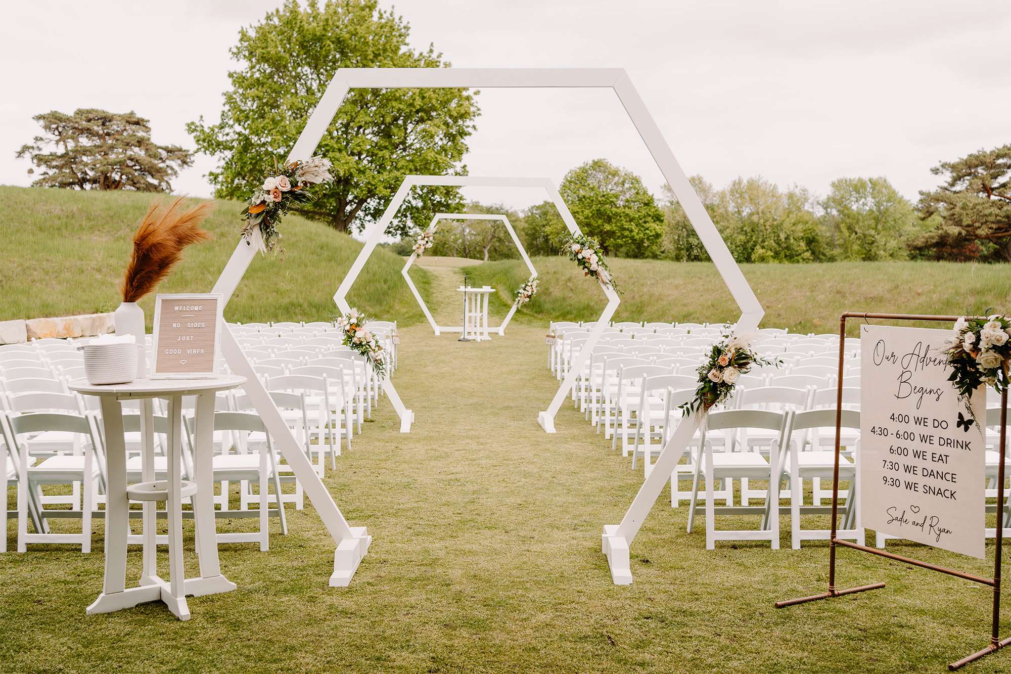 Outdoor wedding ceremony set up at the Carriage House at Lac La Belle.