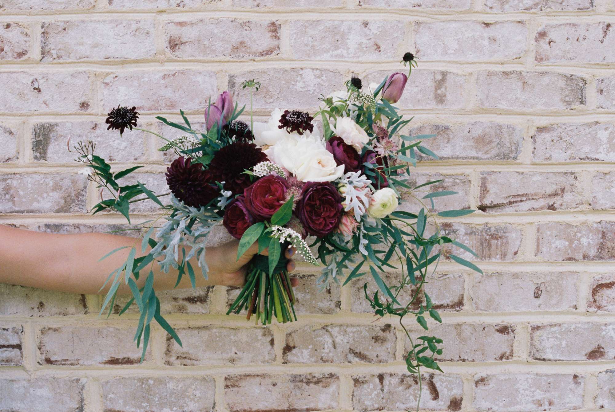 Black bouquet, contrast of colors, burgandy floral bouquet
