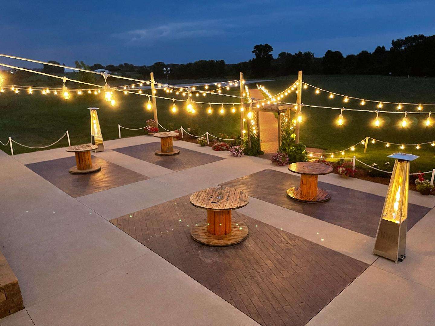 The Hay Loft in Watertown, WI offers a gorgeous patio with great lighting at night.