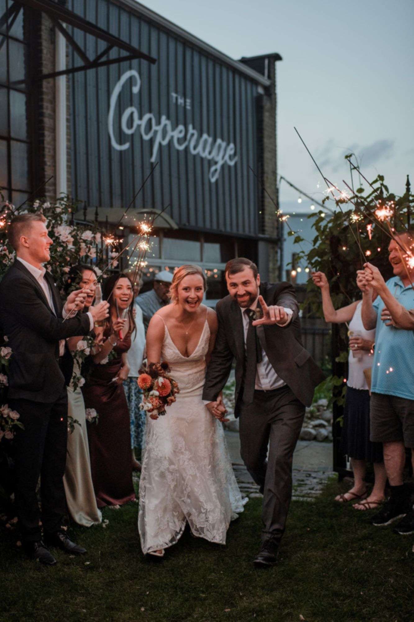 Sparkler sendoff to the bride and groom at the Cooperage in Milwaukee, WI.