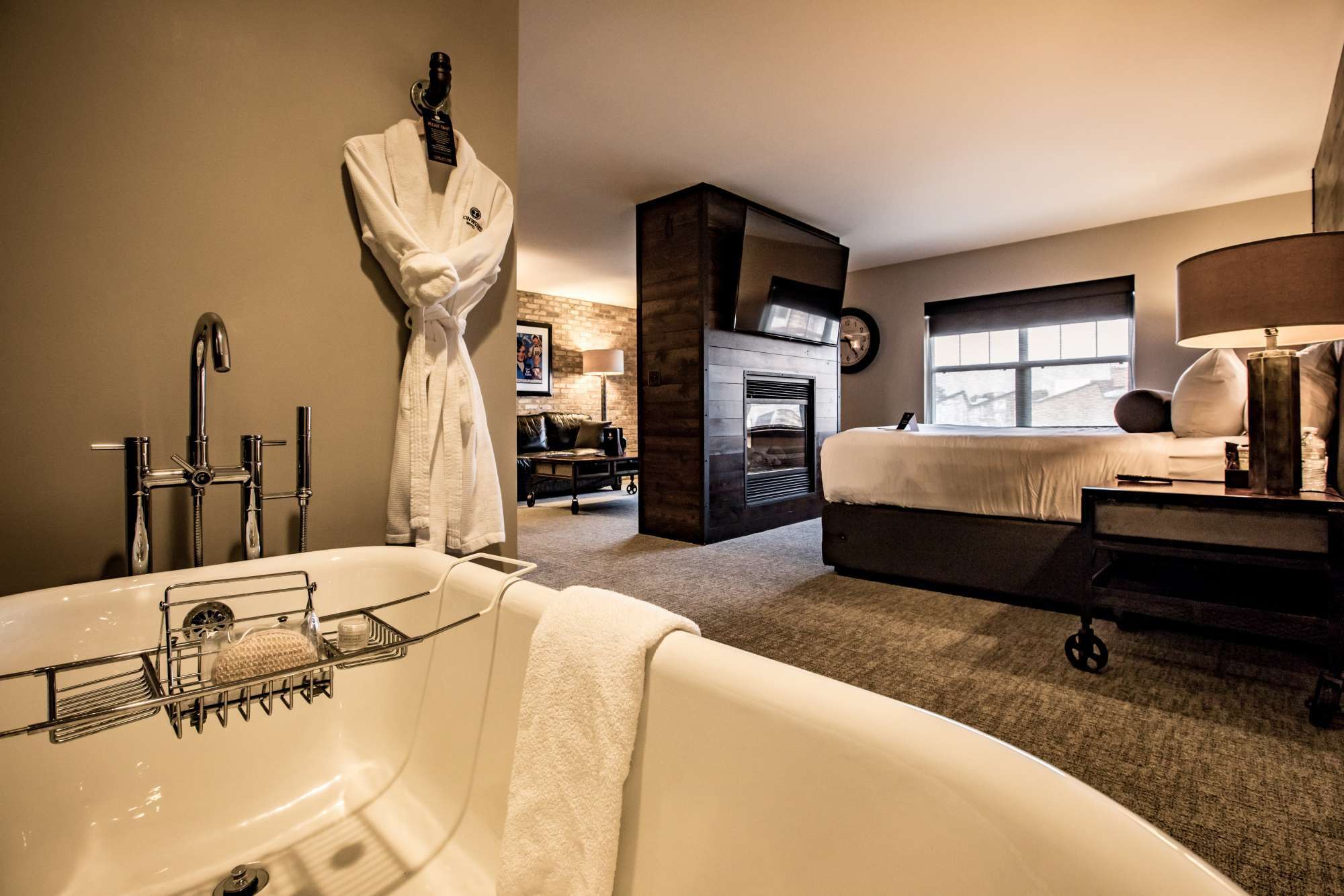 The view from the soaking tub at the Ironworks Hotel Beloit.