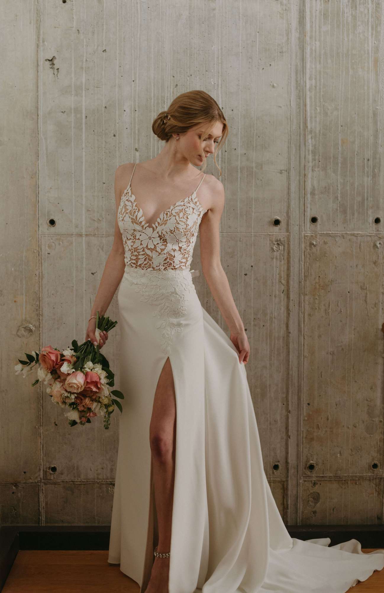 Wedding Gown from MIss Ruby Boutique with Lace Bodice and High Slit for a Milwaukee French Country Wedding shoot Wedding Gown from MIss Ruby Boutique with Lace Bodice and High Slit for a Milwaukee French Country Wedding shoot