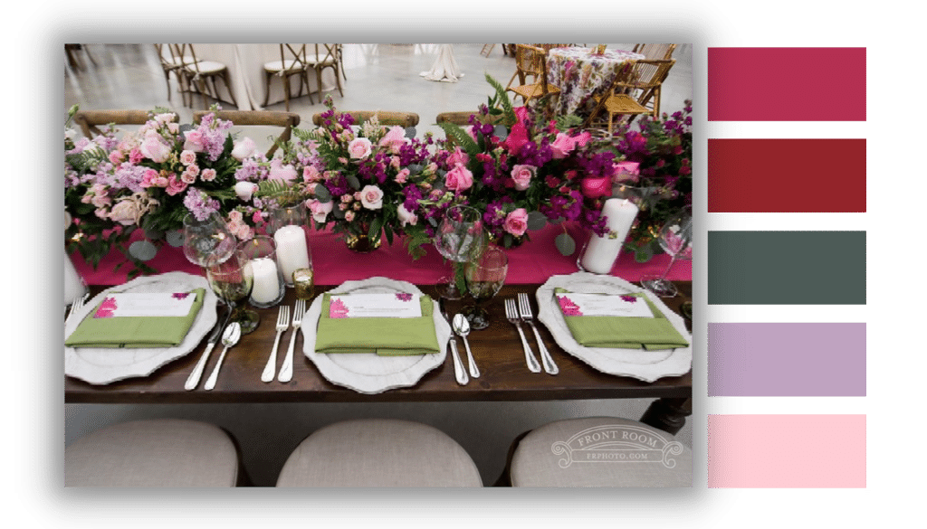 Fuschia, Emerald, and a variety of pinks as wedding colors for 2023.