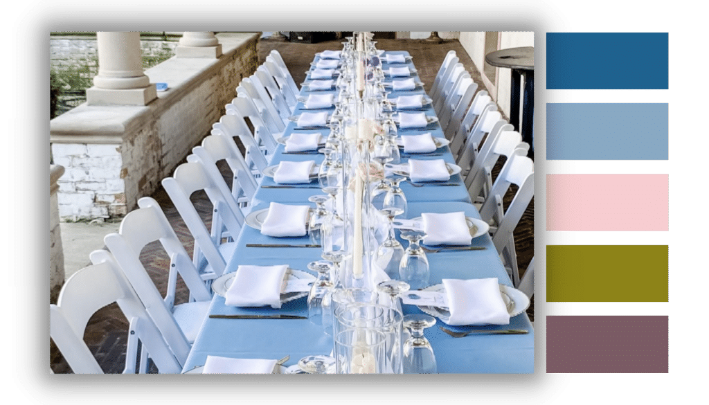 A dusty blue mixed with olive green, pink and purple as a wedding color palette for 2023.