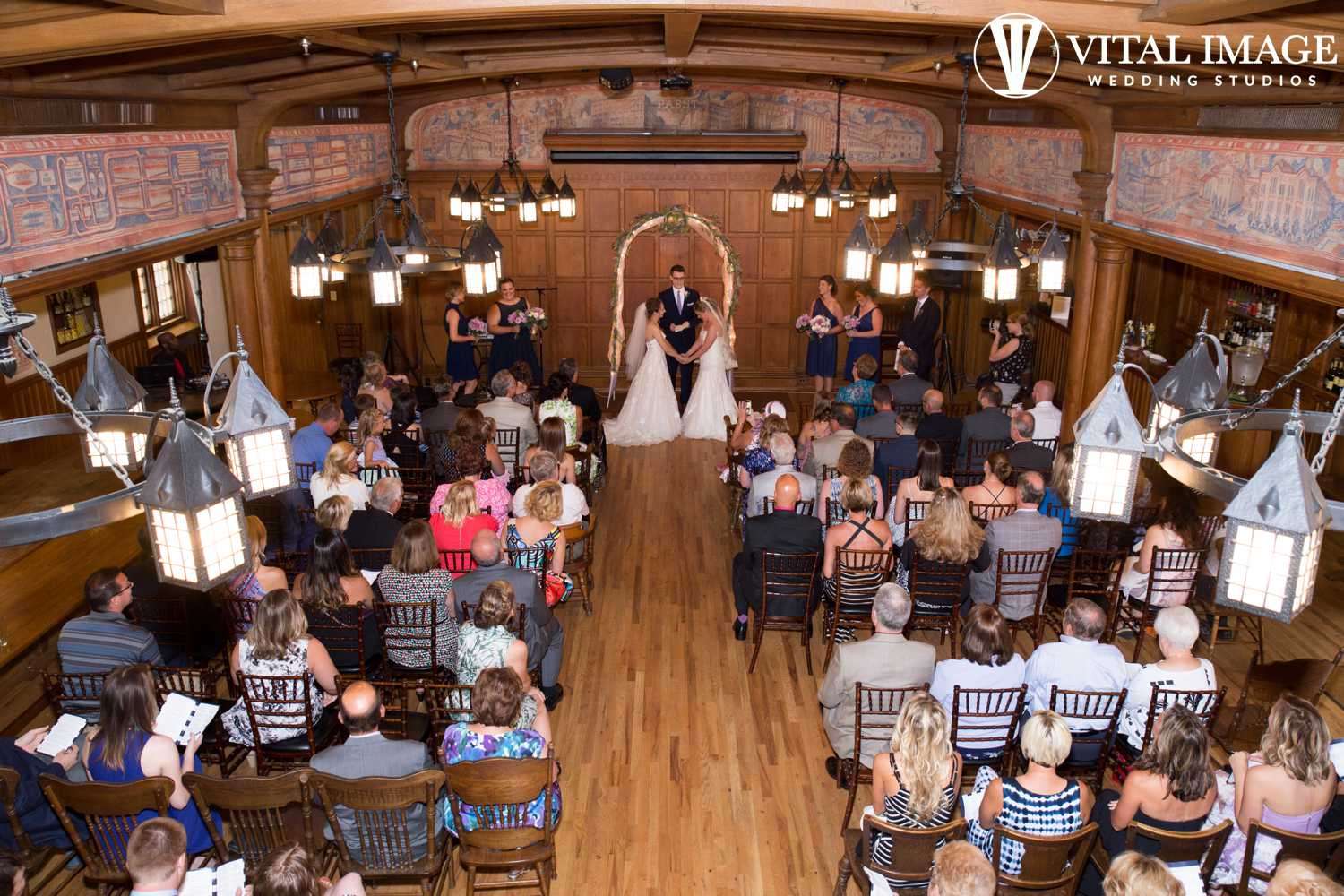 A beautifully arranged wedding ceremony in the historic Blue Ribbon Hall at Best Place at Historic Pabst Brewery.