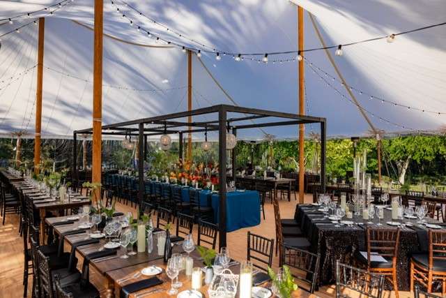 evenement-12 evenement event planning turns backyard wedding into a dream with black arches, bulb lighting and navy blue table linens.