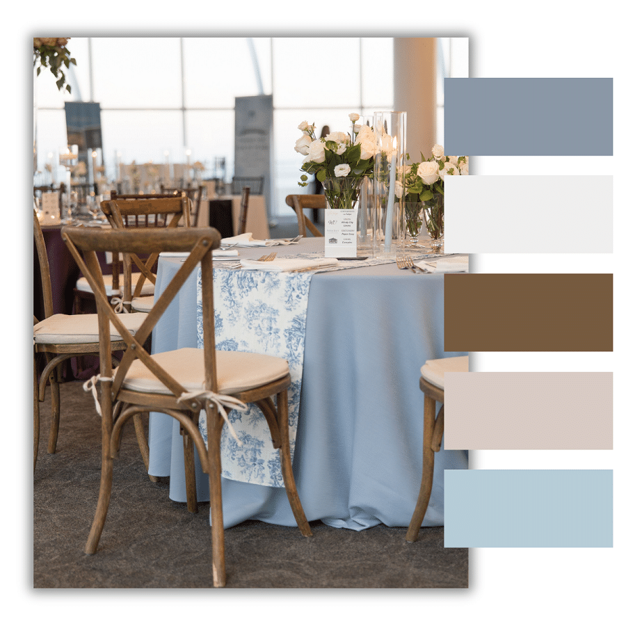 Wedding colors inspired by french country. Pale blue, blush tones and chic patterns.