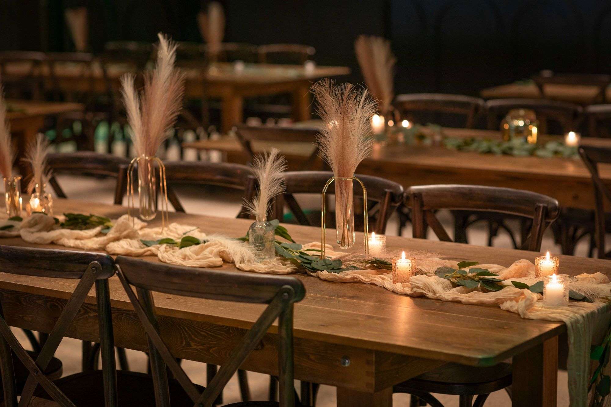 Boho table setting with wood chairs at Venue 3 located in Milwaukee's 3rd Street Market Hall