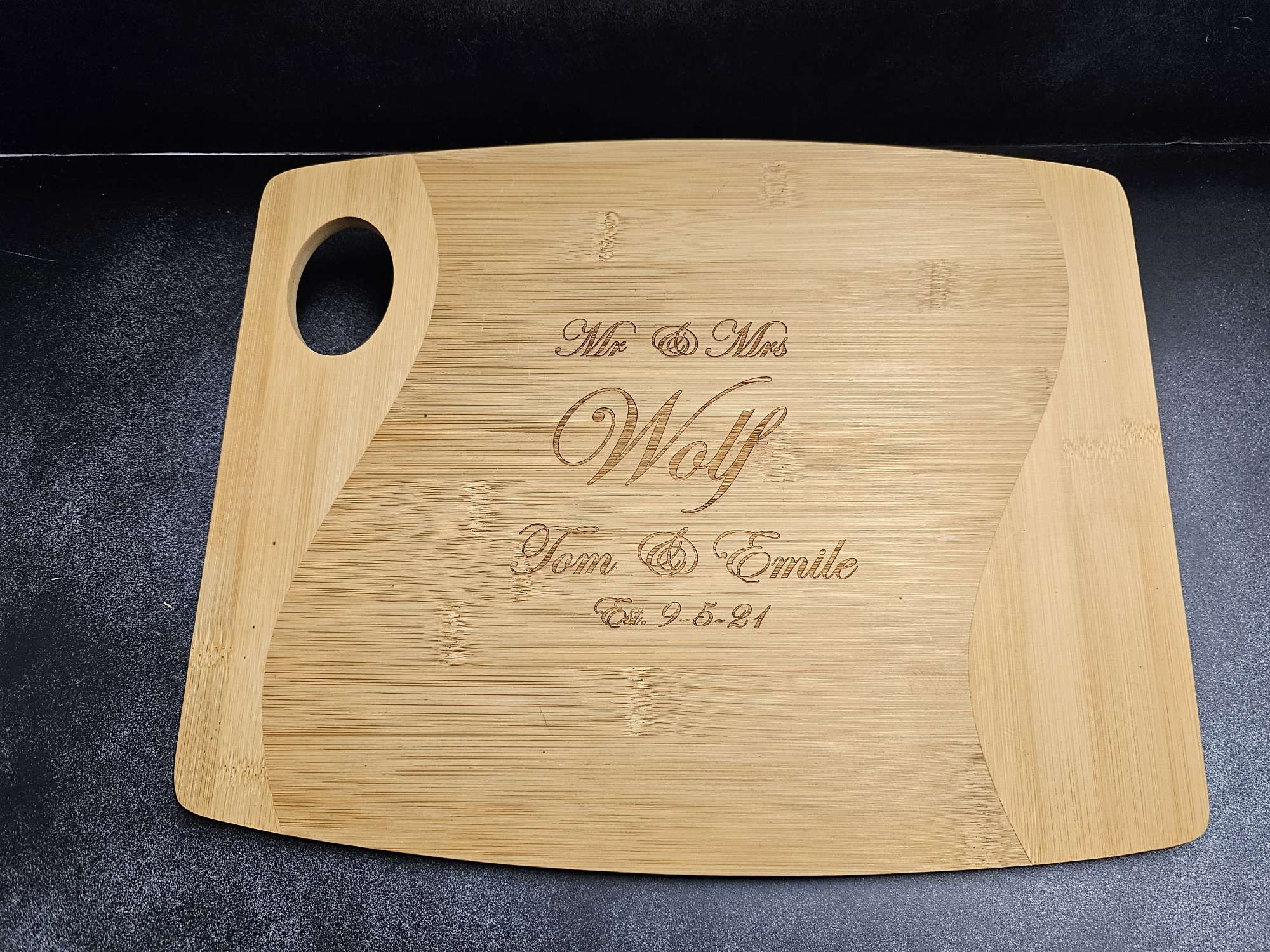 Personalized cutting board engraved by Lazering Memories