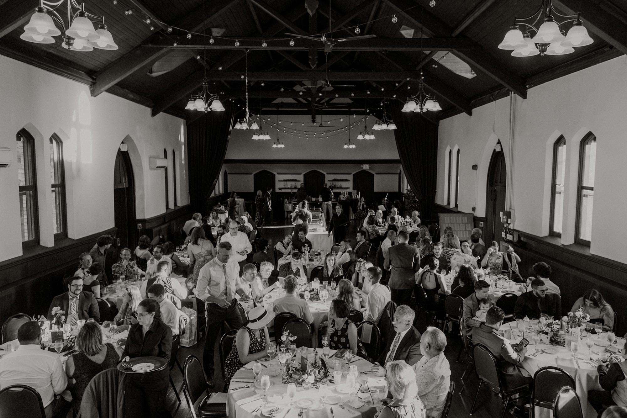 view from above of guests enjoying dinner