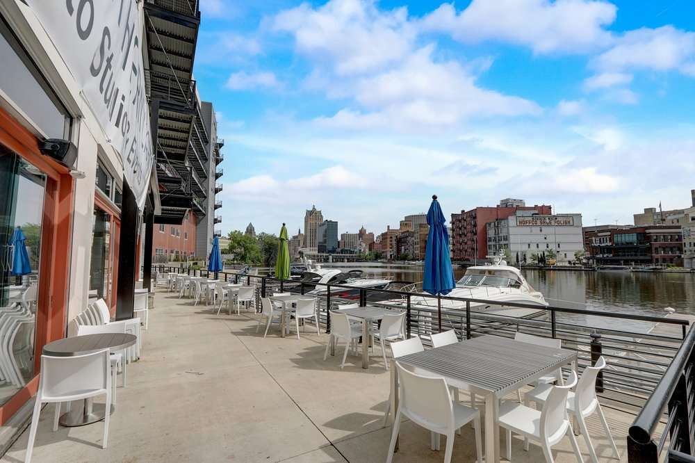 The patio at Northern Lights Event Venue is on Milwaukee's Riverfront with beautiful views of the river