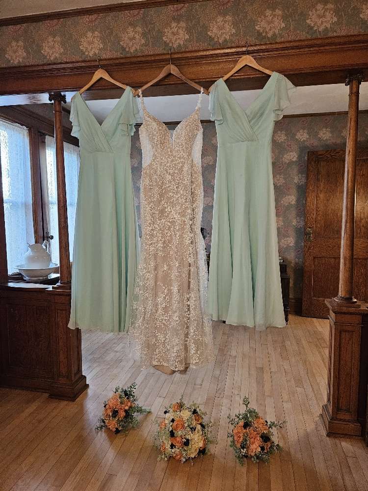 Bridal gown and bridesmaid dresses on display at the Schwartz Family House in Hartford.