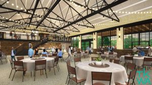 The modern and airy interior at Prairie Springs on Park features reclaimed wood, large windows, and stunning steel trusses, creating the perfect space for a timeless wedding reception.