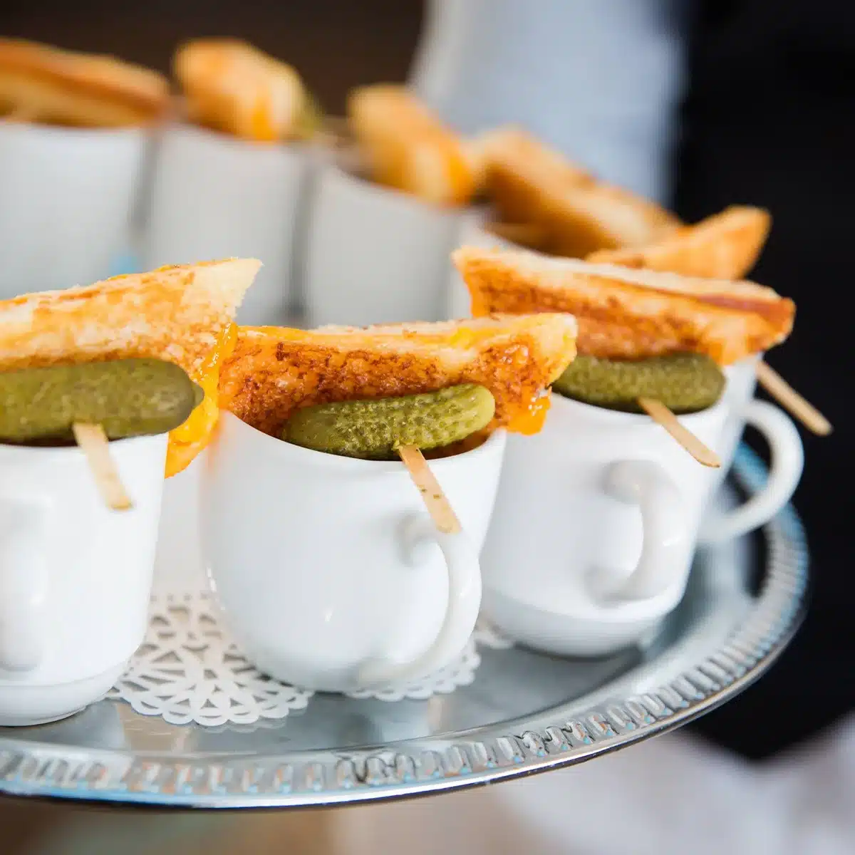 Grilled cheese and tomato soup appetizers in mini mugs by Barolottas.