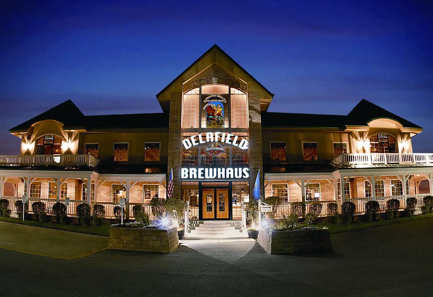 Front of Delafield Brewhaus in Delafield Wisconsin at night with lights shining up! Front of Delafield Brewhaus in Delafield Wisconsin at night with lights shining up!