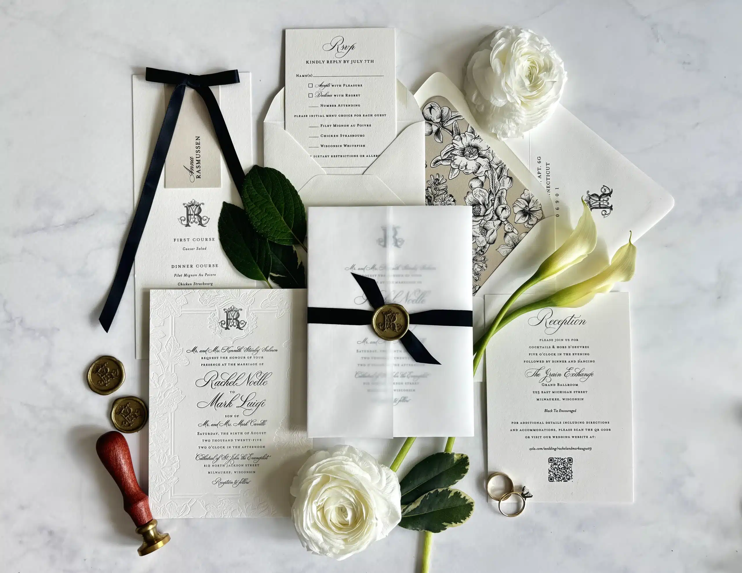 Paperwhites Milwaukee Invitation Suite of White with Black accents and ribbons. Paperwhites Milwaukee Invitation Suite of White with Black accents and ribbons.