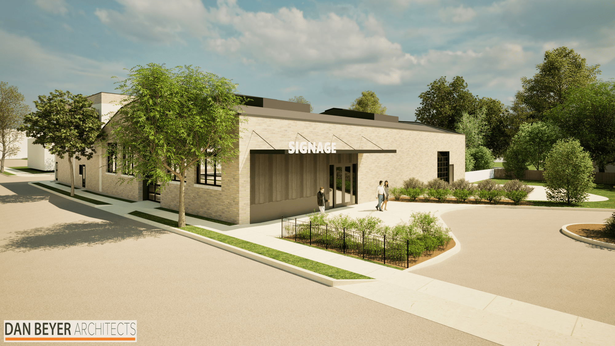 The inviting front entrance of Brixton's Turn showcases clean architectural lines, large windows, and a landscaped entryway perfect for welcoming guests.