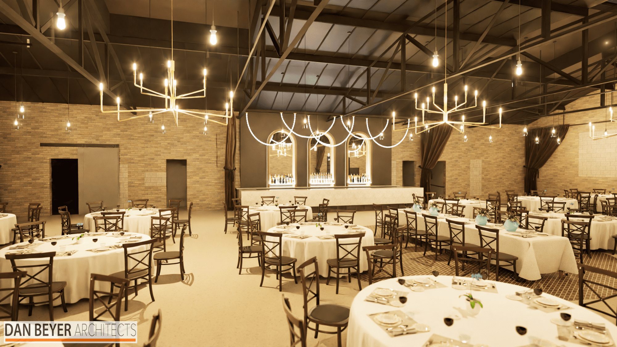 Brixton's Turn's elegant reception hall includes a sleek built-in bar with arched mirrors, draped accents, and a versatile layout for weddings and events.