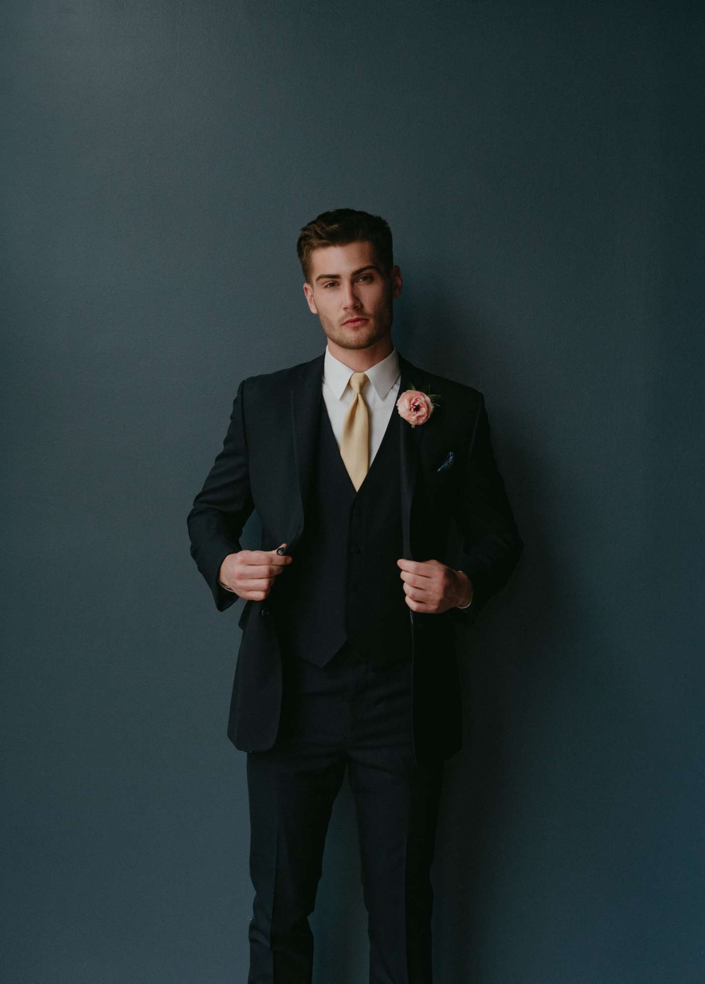 groom-wedding-inspiration-navy-suit-tuxedo-dubois-formalwear Navy Tuxedo for Wedding with Gold Tie and Brown Shoes. Groom Wedding Inspiration