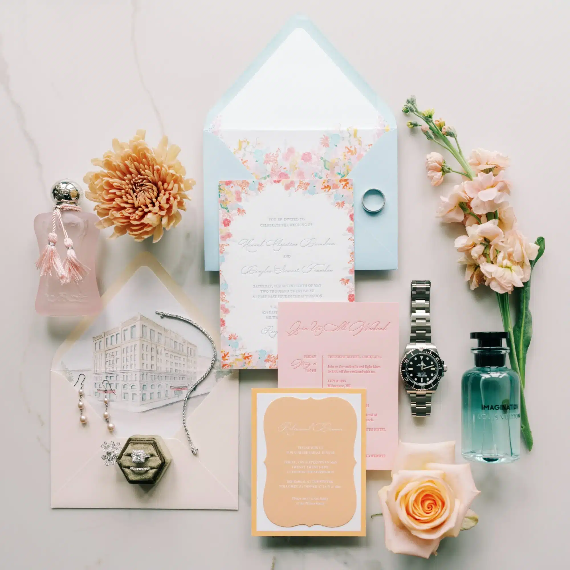 Bridal invitation suite with colorful invites, customer water color images and jewelry accents. Bridal invitation suite with colorful invites, customer water color images and jewelry accents.