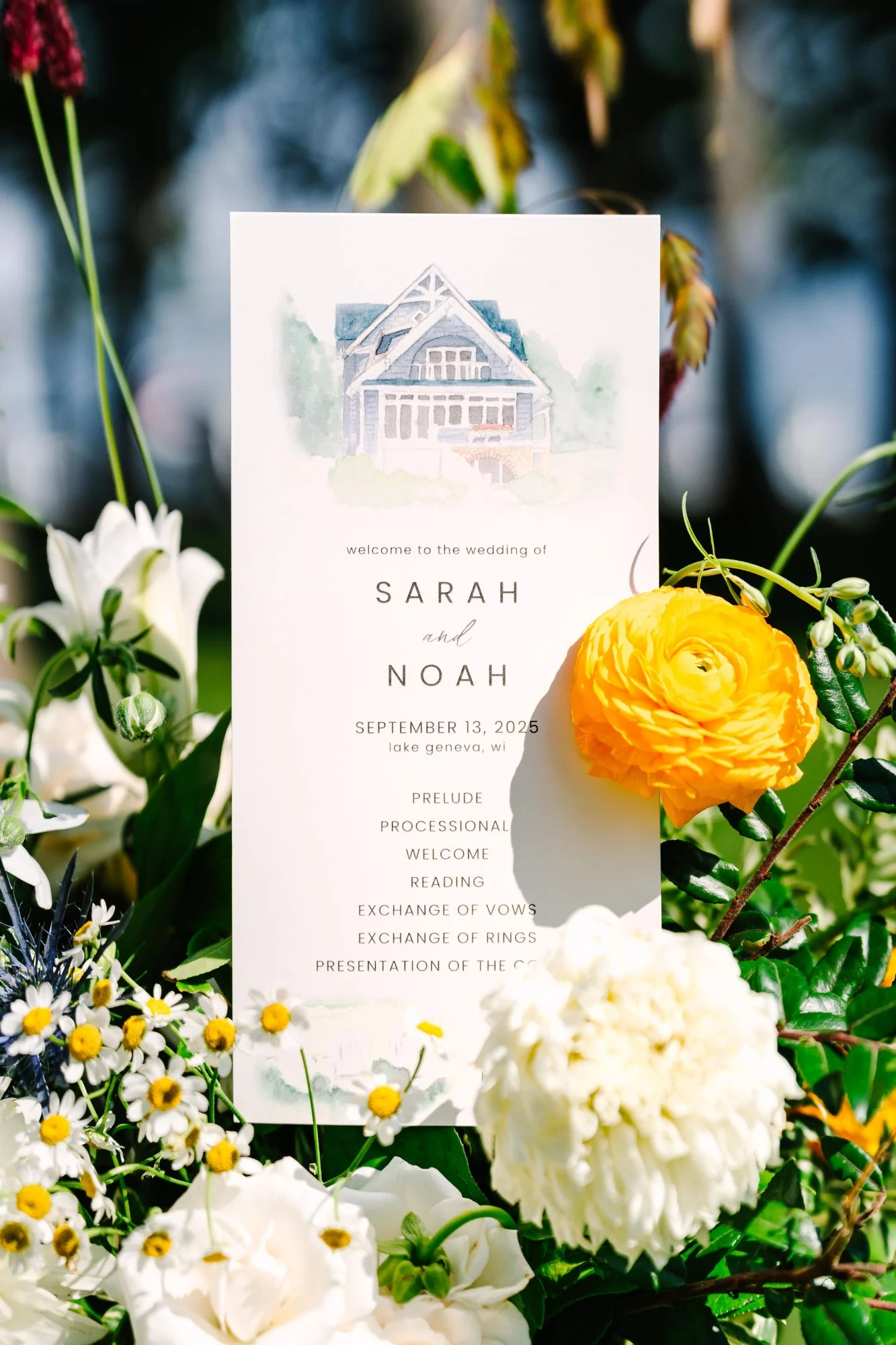 Custom water color wedding programs showcasing the Lake Geneva home. Custom water color wedding programs showcasing the Lake Geneva home.