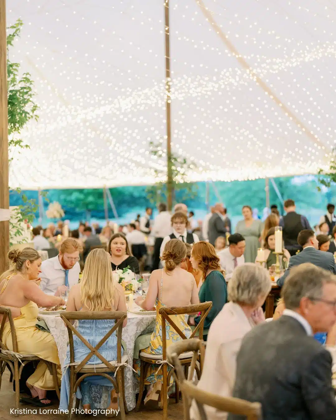 Sail cloth Tented wedding reception with greenery and lights by Saz’s Hospitality Group. Sail cloth Tented wedding reception with greenery and lights by Saz's Hospitality Group.