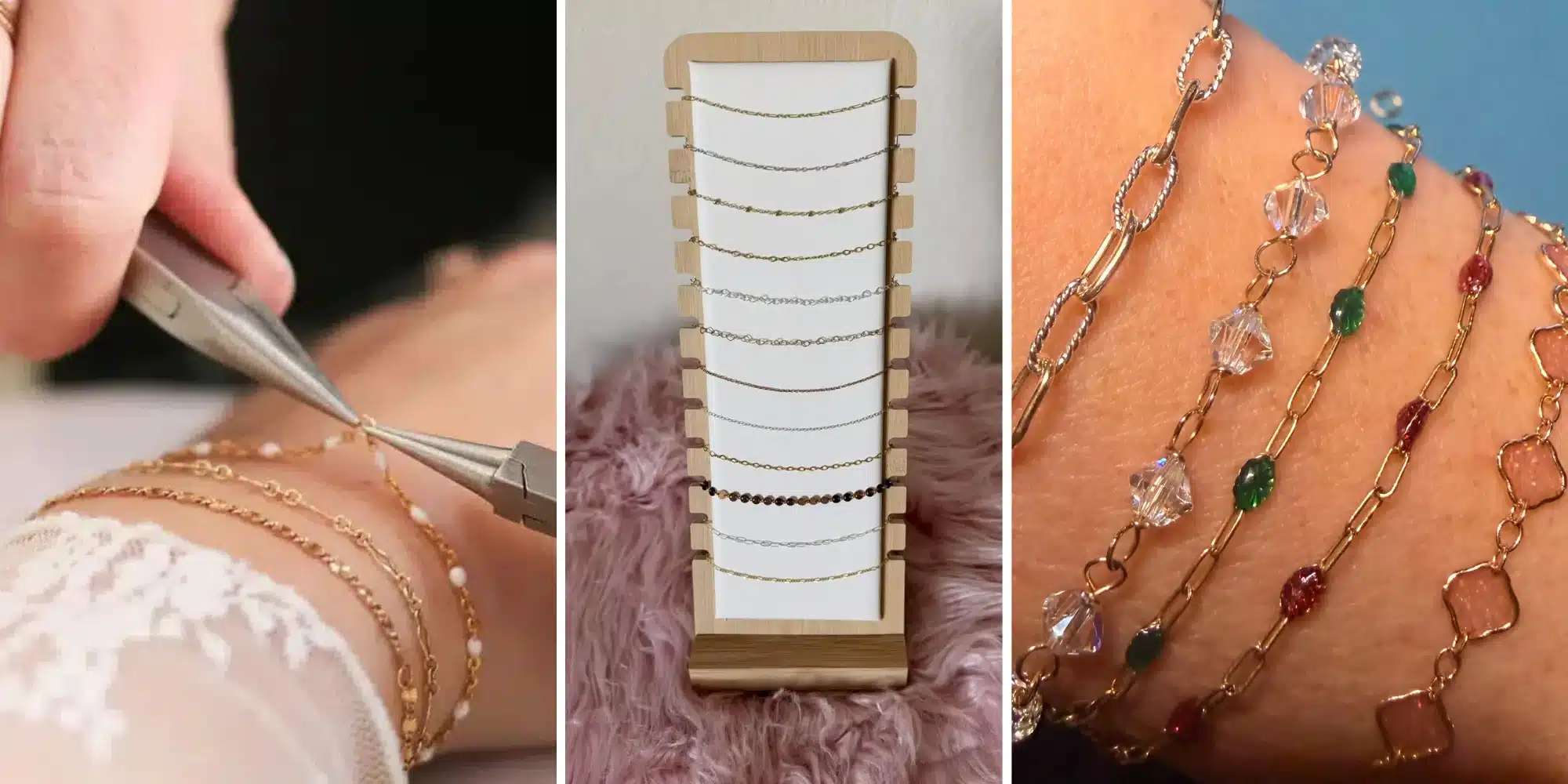 Gallery of different photos of permanent jewelry options and someone doing it. Gallery of different photos of permanent jewelry options and someone doing it.
