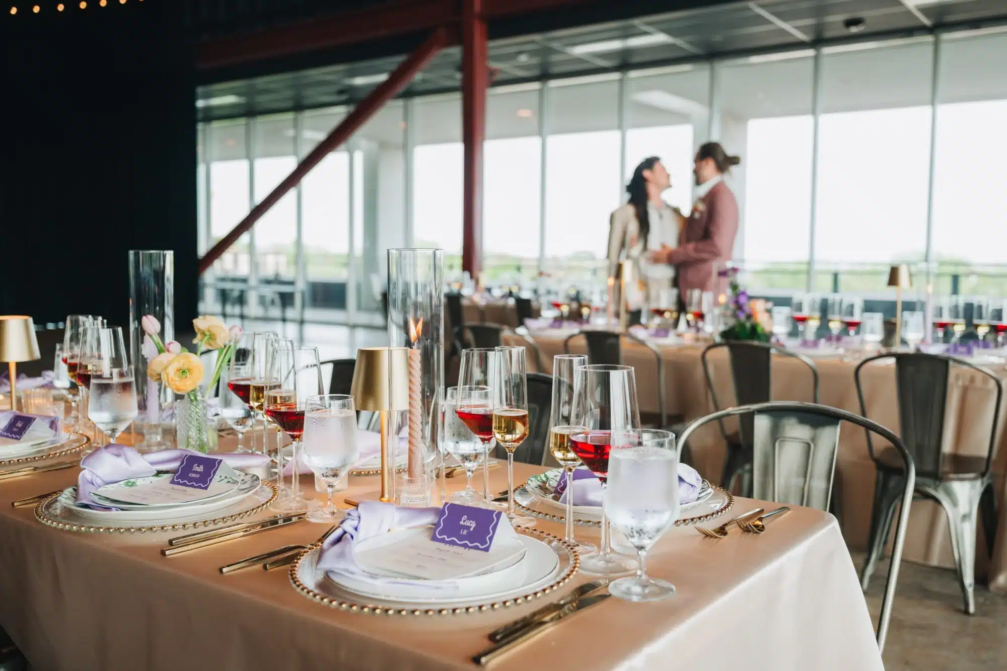 Styled shoot at Jan Serr by Celebrait by Kait featuring champagne linens, purple place cards and gold tabletop lamps. Styled shoot at Jan Serr by Celebrait by Kait featuring champagne linens, purple place cards and gold tabletop lamps.