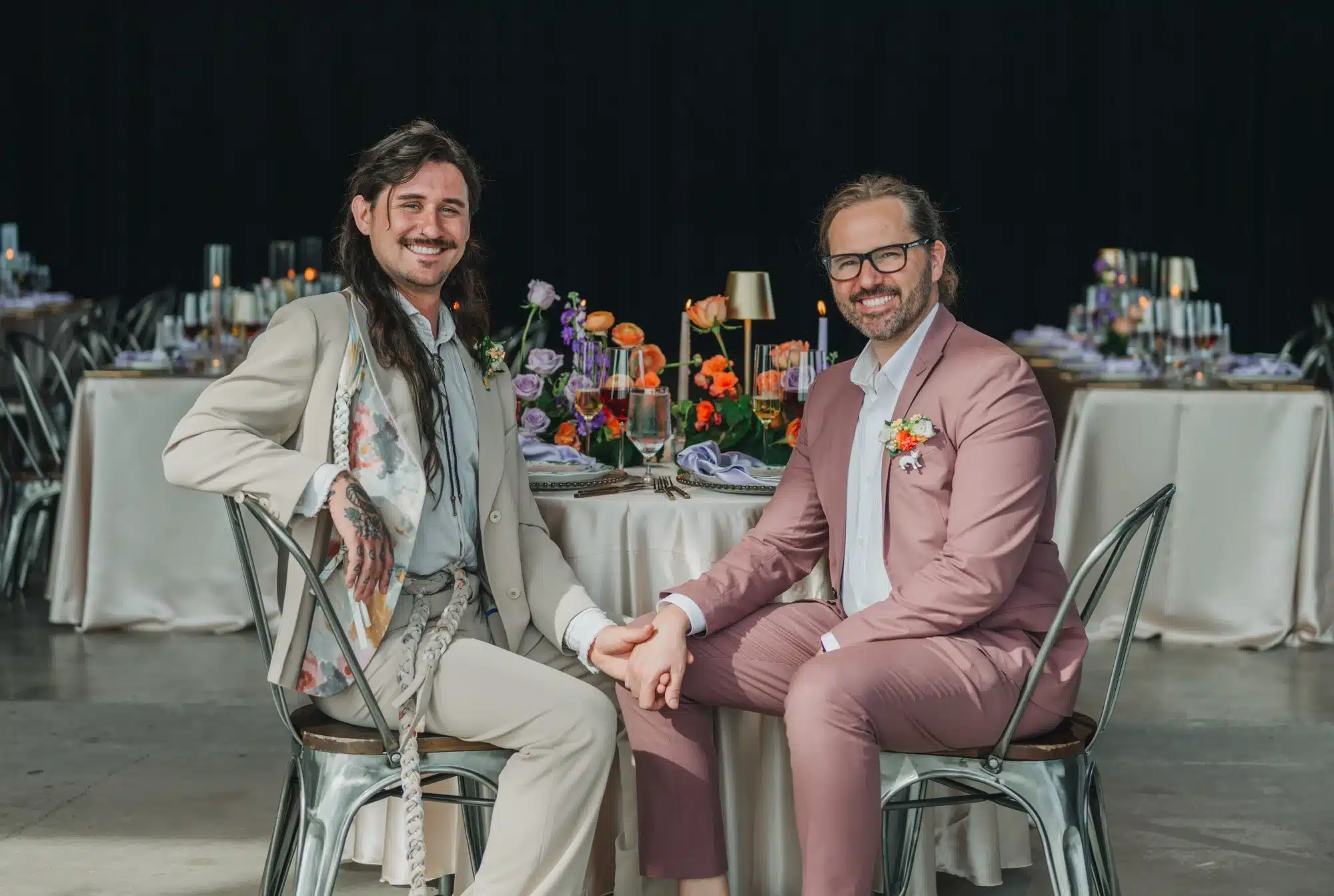 Grooms sit at tables setup for colorful styled shoot at Jan Serr Studio. Grooms sit at tables setup for colorful styled shoot at Jan Serr Studio.