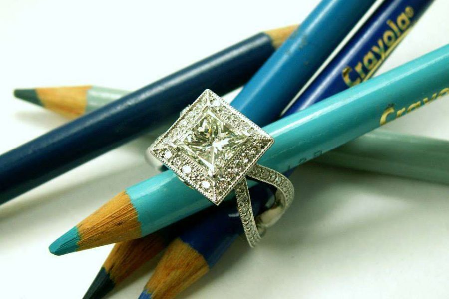 engagement ring photographed on colored pencils by Steven Paul Designs