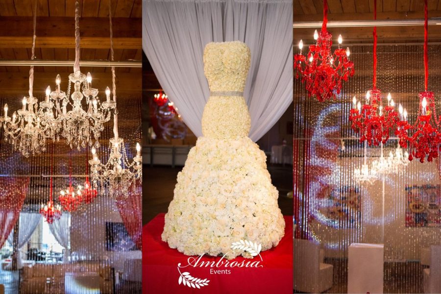 Wedding gown made of real white flowers on display