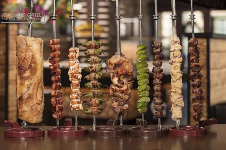 shows a variety of meat options on skewers