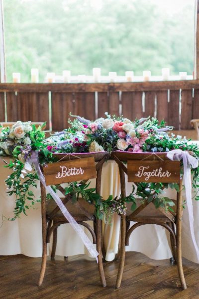 Flowers decorating wedding couples chairs
