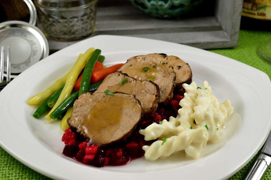 Pork Tenderloin with cranberry chutney entree by Chef Jack's Catering