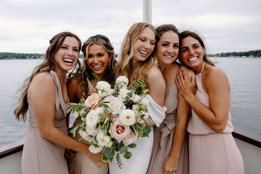 Gorgeous bridesmaids and bouquets on the Lake Geneva Cruise Line