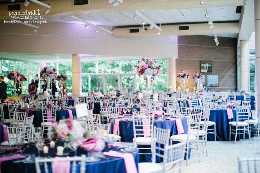 Peck Center wedding reception at the MKE County Zoo with royal blue and pink accents