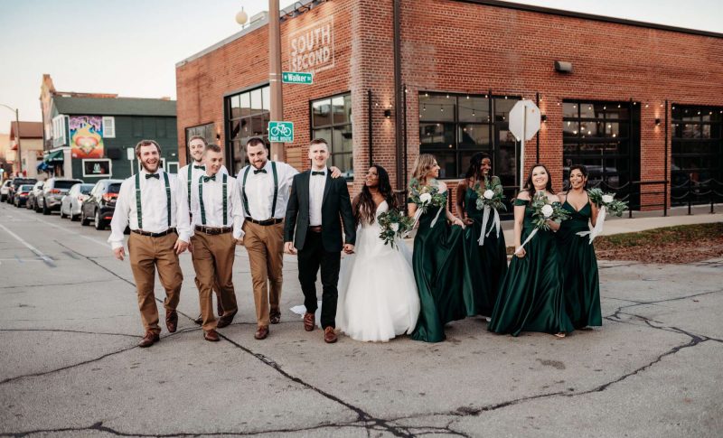 dark green bridesmaid dresses at South Second, Milwaukee Wedding & Event Venue