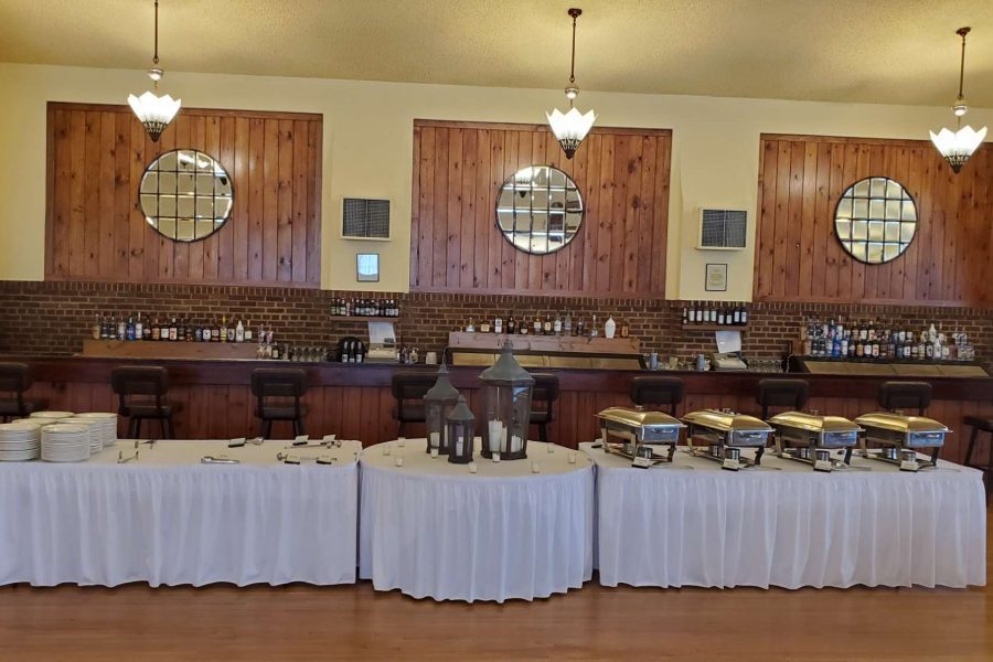 Wedding buffet set up in front of the bar area at the Chandelier Ballroom in Hartford, WI.