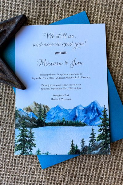 Wedding invitation with mountain lake scenery by CMYKnot