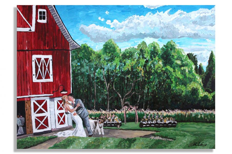 Bride and groom by red barn painting - created by Brad Geers