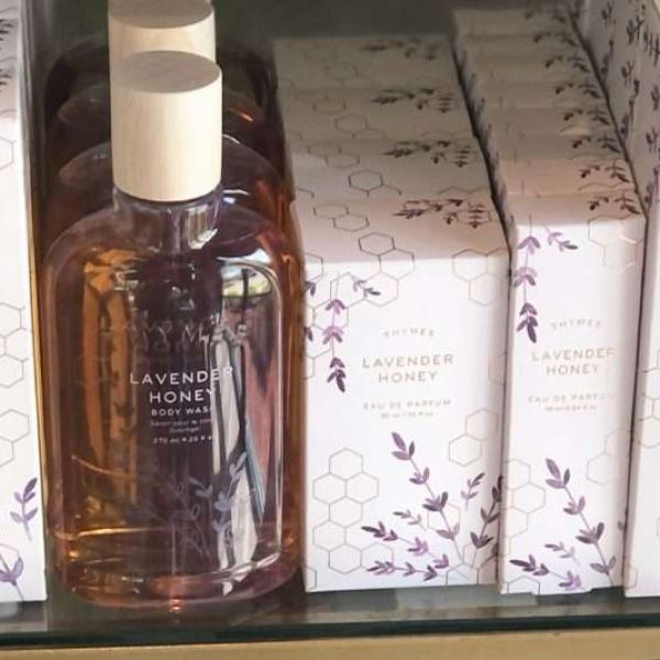 Thymes honey lavender products display at the Mayhouse Collection in Oconomowoc, WI.