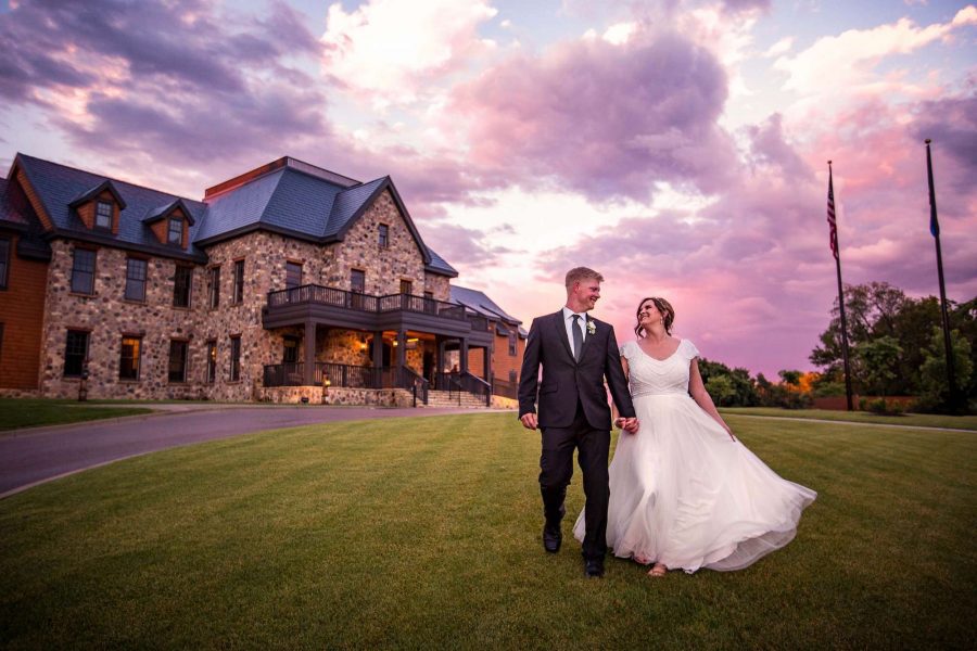 Bride and groom at sunset at the Beloit Club
