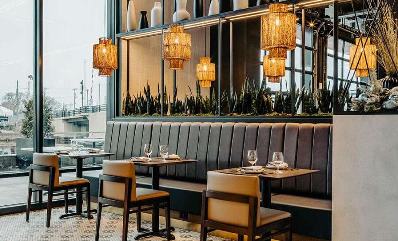 lanterns and comfortable seating set a modern ambiance at The Bridgewater Modern Grill in Milwaukee, WI